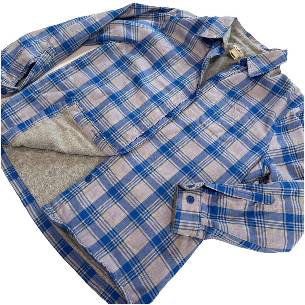 LL Bean Fleece Lined Flannel Blue Plaid Shirt Jacket Shacket Size XS PETITE